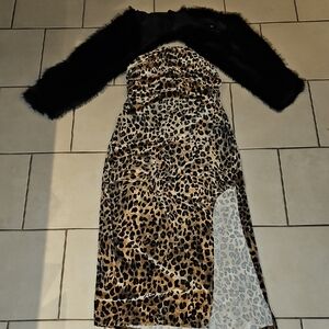 Wild Fable Leopard Print Maxi Dress with Black Fur Sleeves